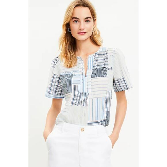 NWT LOFT Laguna Blue Multicolor Striped Patchwork Tie Neck Short Sleeve Top XS - Picture 1 of 5